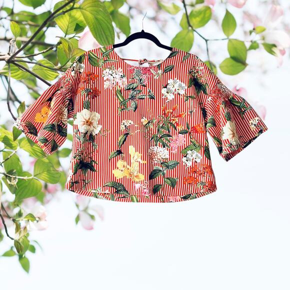 Zara Tops - NWT - Zara Striped and Floral Print Ruched Sleeve Top Shirt Multicolor Women's